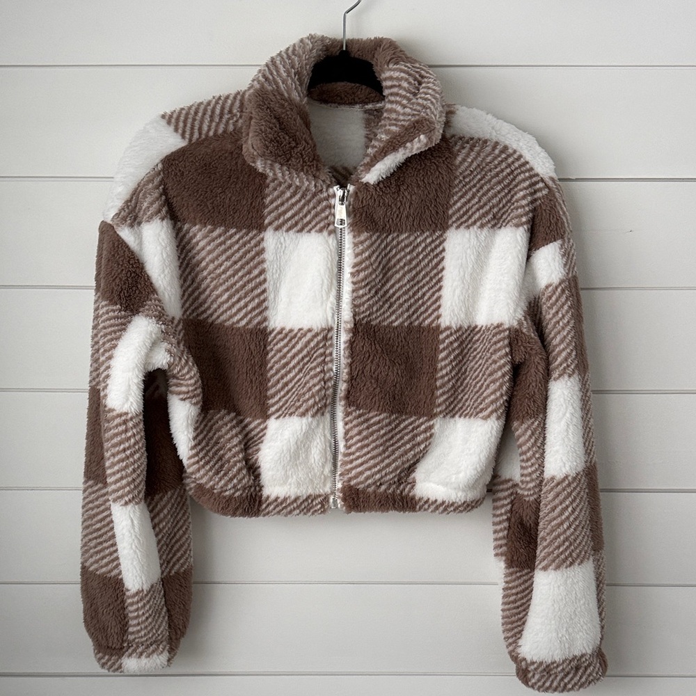 SHEIN Brown and Cream Fleece Half Jacket